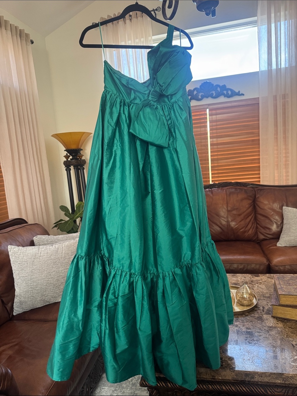 Anthropologie Teal One-Shoulder Taffeta Gown